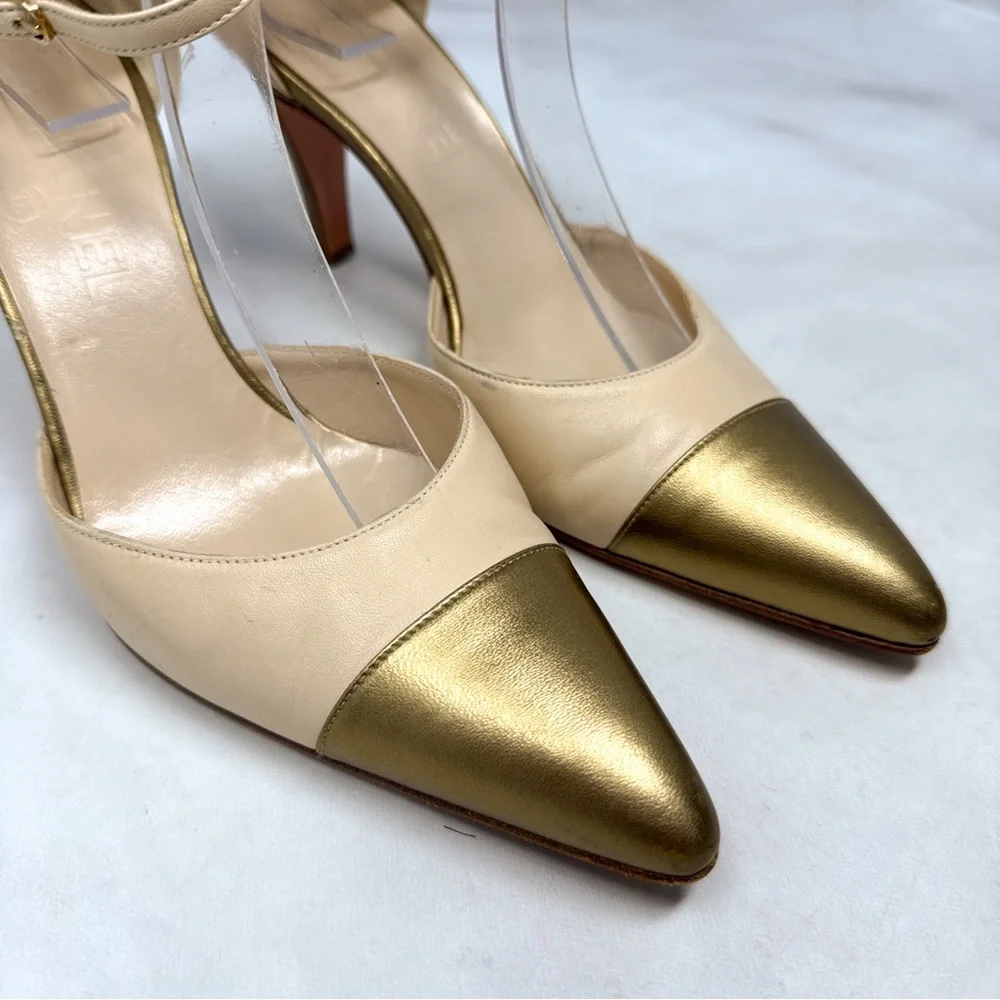 CHANEL CC Vintage 90s Y2K leather Cap Toe Mid Height Heels Pumps Gold Retro 38